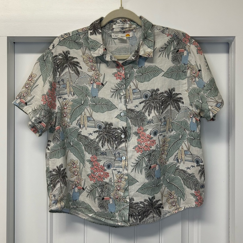 C&C California Linen Hawaiian Tropical Print Button Down Shirt Size S